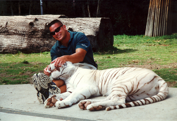 Tiger trainer hangin' out with a white tiger
